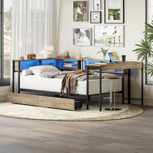Load image into Gallery viewer, Corner Bed Frame Twin Size With Bookcase And 2 Underbed Storage Drawers, Modern Twin Bed With LED Light And Charging Station, Modern Daybed Reversible Left Or Right - Gray
