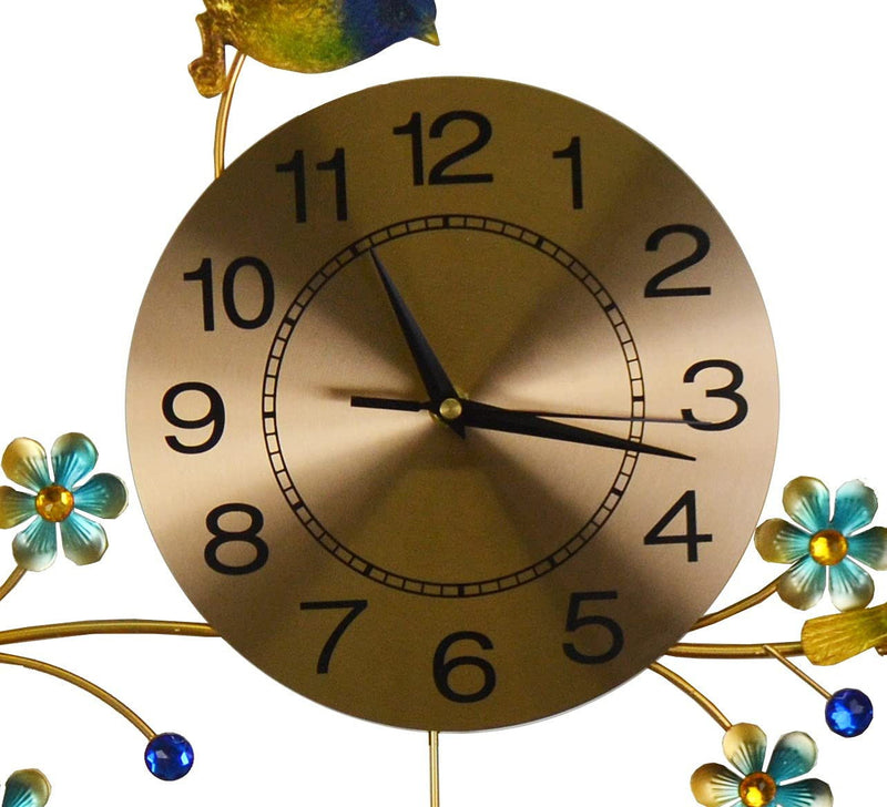 Silent Pendulum Floral Wall Clock - Blue / Green / Gold