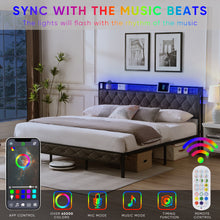 Load image into Gallery viewer, King Bed Frame with Storage Headboard, Charging Station and LED Lights, Upholstered Platform Bed with Heavy Metal Slats, No Box Spring Needed, Noise Free, Easy Assembly, Dark Gray

