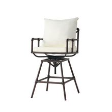 Load image into Gallery viewer, Industrial Outdoor Patio Plumber&#39;s Iron Frame Swivel Barstool With Cushions, Height Adjustable
