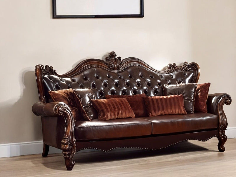 Faux Leather Sofa And Toss Pillows With Cherry Blossom Pink Legs - Brown