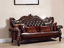 Load image into Gallery viewer, Faux Leather Sofa And Toss Pillows With Cherry Blossom Pink Legs - Brown
