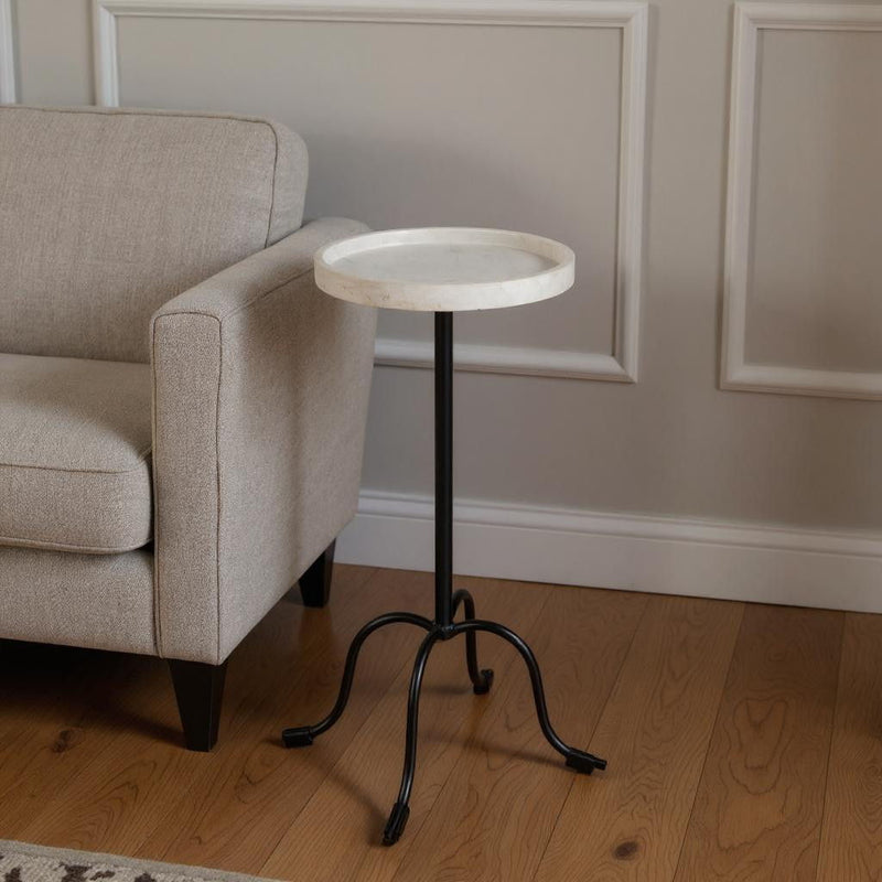 25" Marble And Iron Round Pedestal End Table - White And Black