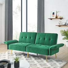 Load image into Gallery viewer, 78&quot; Italian Velvet Futon Sofa Bed, Convertible Sleeper Loveseat Couch with Folded Armrests and Storage Bags for Living Room and Small Space, Green 280g velvet
