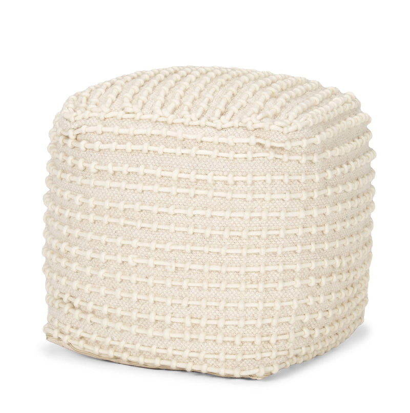 Wool Striped Cube Pouf Ottoman - Beige / Cream