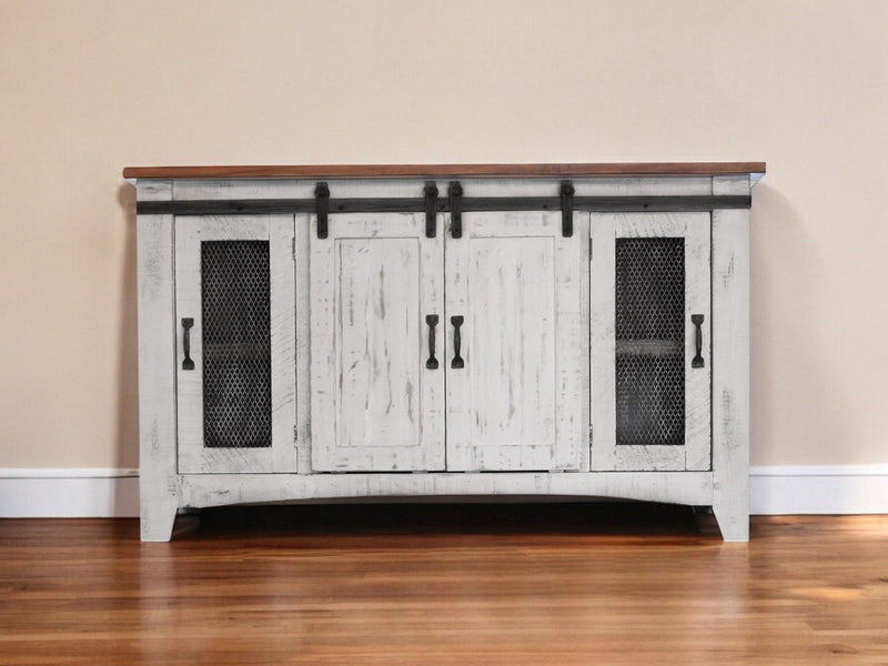 Wood Cabinet Enclosed Storage Distressed TV Stand - White