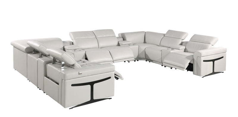 Italian Leather Power Reclining U Shaped Twelve Piece Sectional With Console - Light Gray