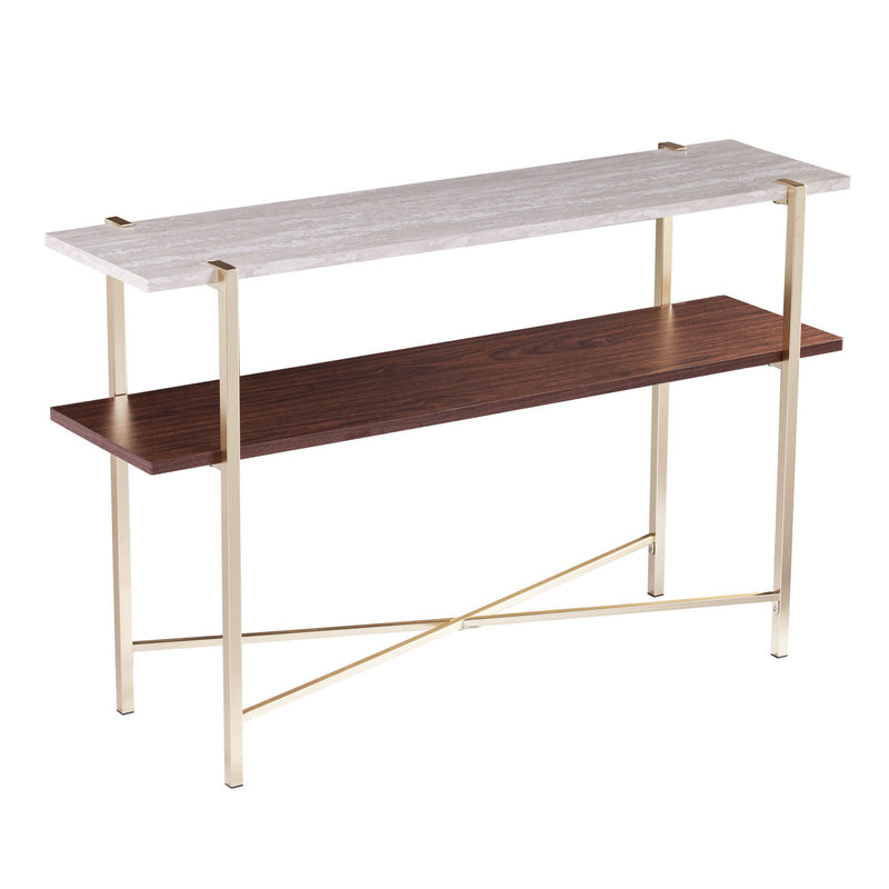 Brass Faux Marble Console Table With Shelf - White / Brown