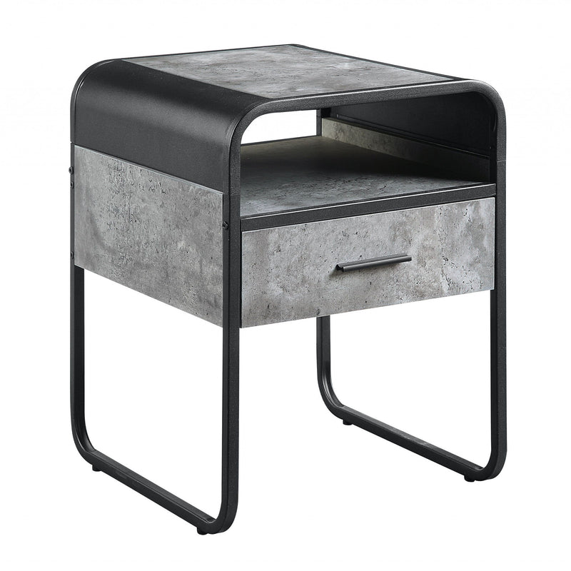 Wood And Metal Square End Table With Drawer And Shelf - Black And Gray
