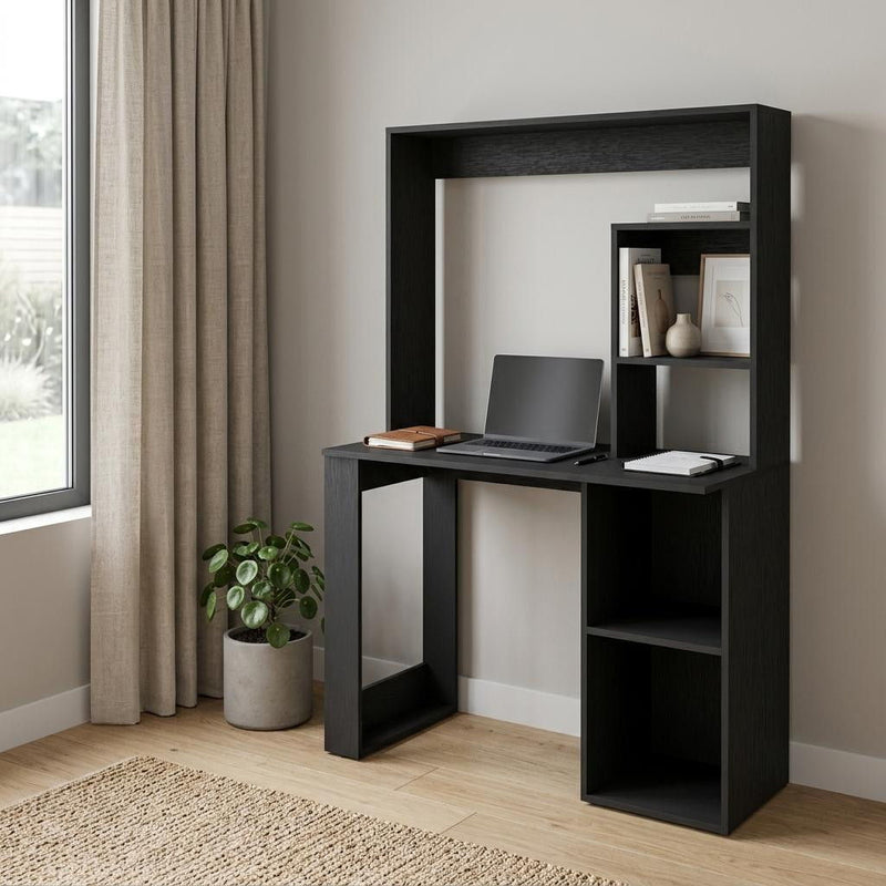 H-Shape Computer Desk With Hutch - Black