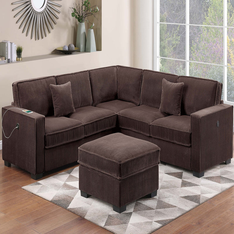 4 Piece Sectional Set With USB Ports, Left Arm Facing / Right Arm Facing Loveseat, Corner Wedge, Cocktail Ottoman, 2 Pillows - Chocolate