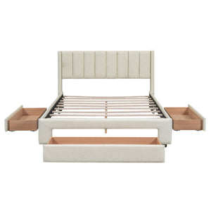 Full Size Upholstered Platform Bed with One Large Drawer in the Footboard and Drawer on Each Side,Beige