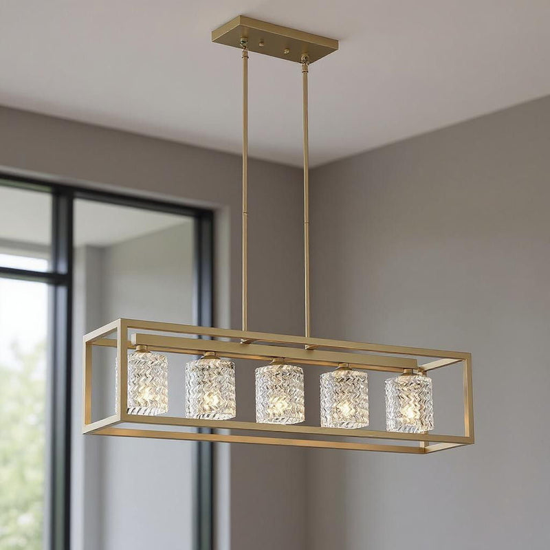 Kitchen Island Five Light Metal Dimmable Chandelier With Shades - Brass