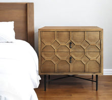 Load image into Gallery viewer, 28" Two Drawer Distressed Carved Geometric Solid Wood Nightstand - Natural
