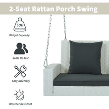 Load image into Gallery viewer, GO 2-Person Wicker Hanging Porch Swing with Chains, Cushion, Pillow, Rattan Swing Bench for Garden, Backyard, Pond. (White Wicker, Gray Cushion)
