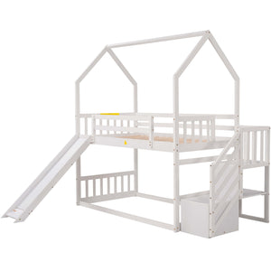 Twin over Twin House Bunk Bed with Convertible Slide,Storage Staircase,White