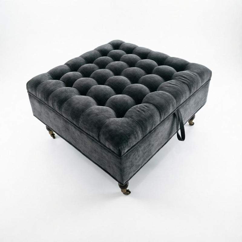 Rolling Chenille Tufted Ottoman With Storage - Dark Gray And Black