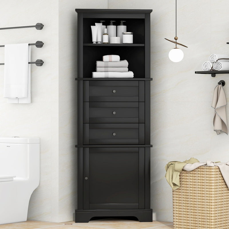 Tall Storage Cabinet With 3 Drawers And Adjustable Shelves For Bathroom