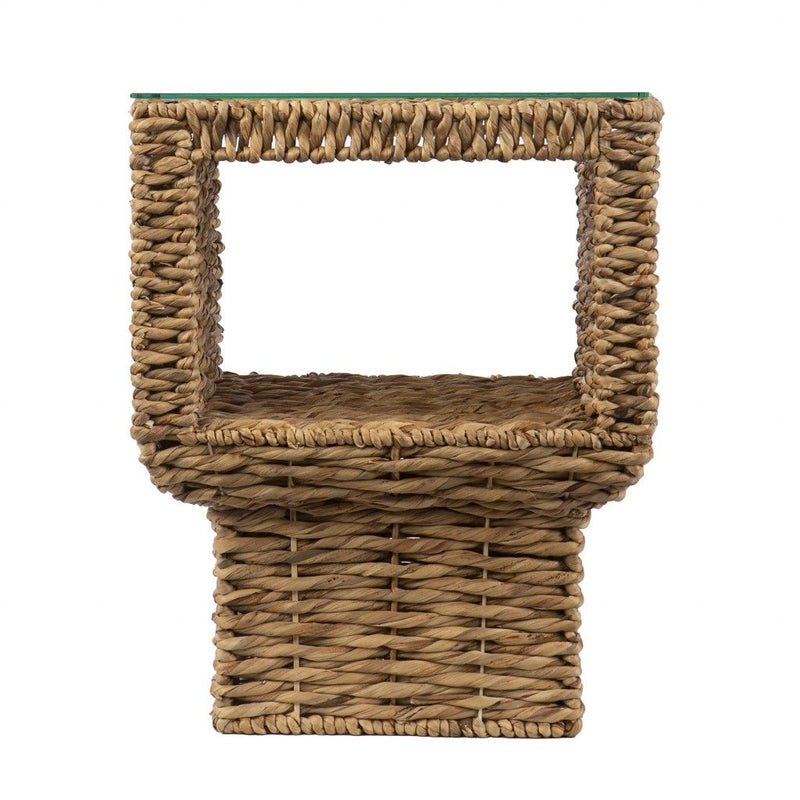 Glass And Rattan Wicker Square End Table - Clear / Brown