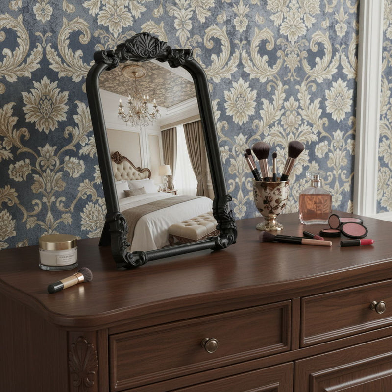 Solid Wood Scalloped Framed Makeup Shaving Tabletop Mirror - Black