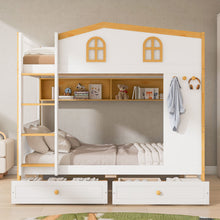 Load image into Gallery viewer, Twin Over Twin Bunk Bed With House Shaped Guardrails, Storage Shelves &amp; Drawers - White / Natural
