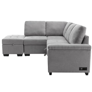 Sleeper Sectional Sofa, L-Shape Corner Couch Sofa-Bed with Storage Ottoman & Hidden Arm Storage & USB Charge  for Living Room Apartment, Gray