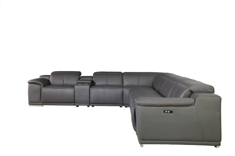 Italian Leather Power Reclining Seven Piece Corner Sectional With Console - Gray