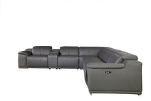 Load image into Gallery viewer, Italian Leather Power Reclining Seven Piece Corner Sectional With Console - Gray
