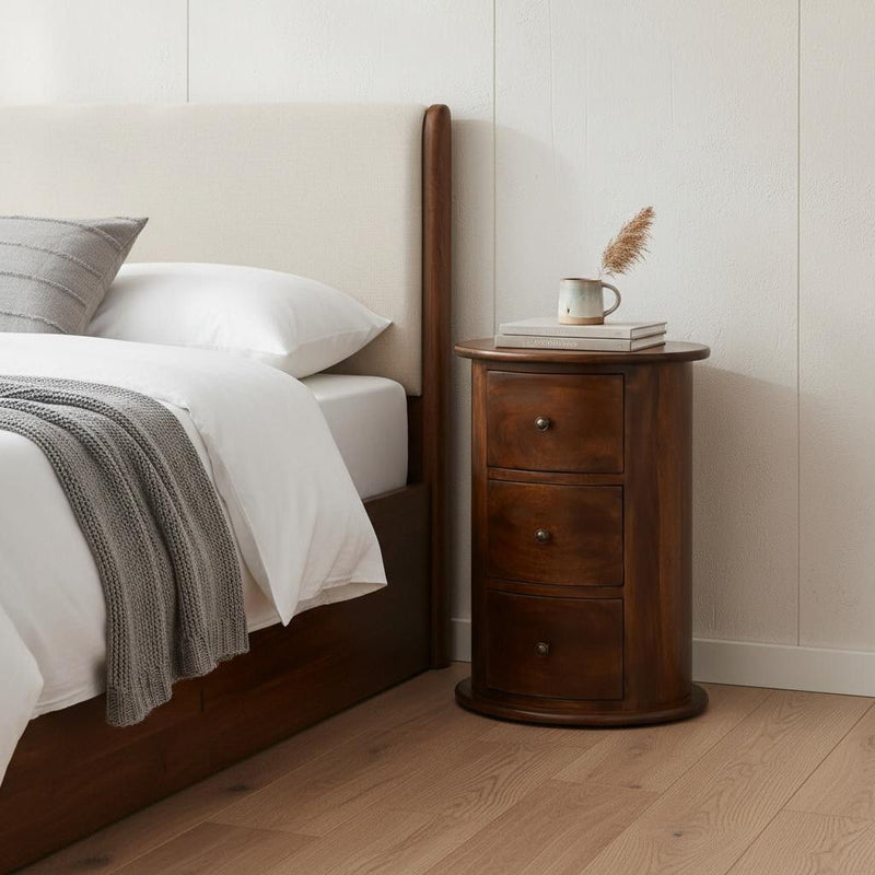 Solid Wood Round Three Drawer Nightstand - Chestnut