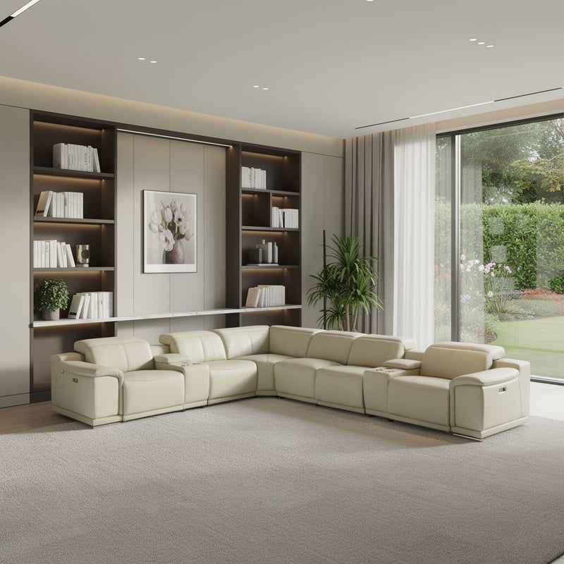 Italian Leather Power Reclining Eight Piece Corner Sectional With Console - Beige