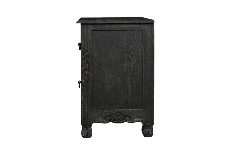 Solid Wood Square Distressed Carved Floral Two Drawer Nightstand (755905) - Black