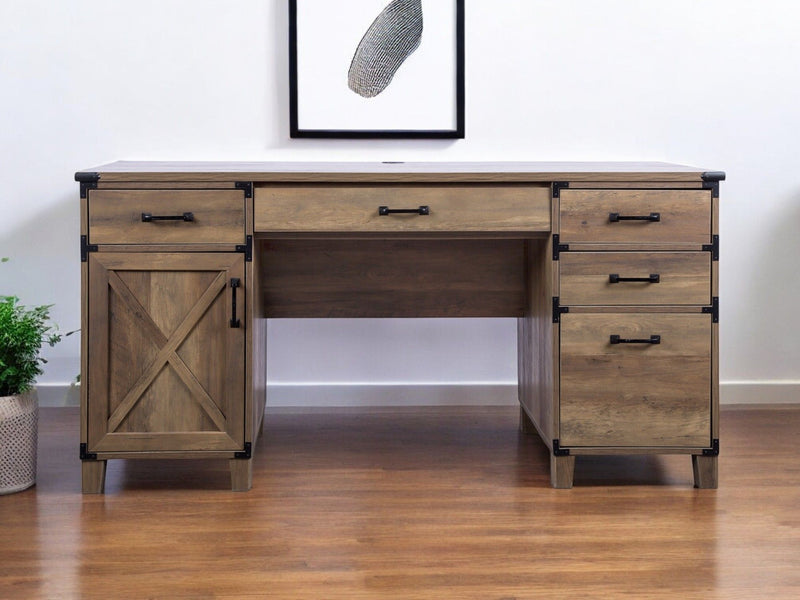 59" Wood Executive Desk With Five Drawers - Natural