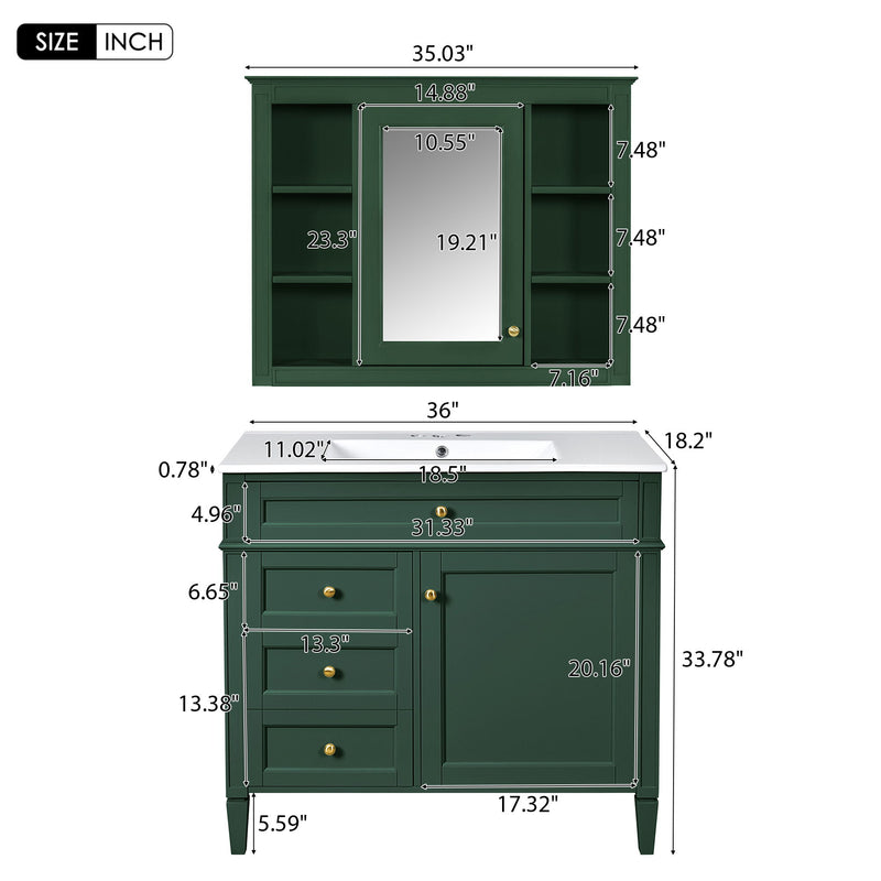 Bathroom Vanity With Mirror Cabinet, Single Sink With 2 Soft Closing Doors And 4 Drawers
