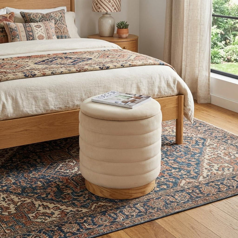 Tufted Cylinder Storage Ottoman - Beige / Natural