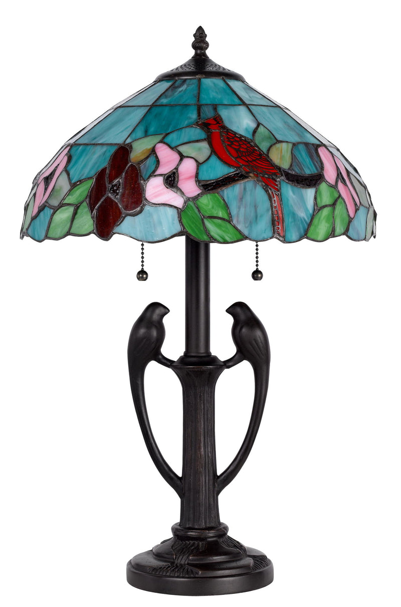 Two Light Tiffany Table Lamp With Aqua And Red Floral Shade - Bronze