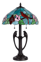 Load image into Gallery viewer, Two Light Tiffany Table Lamp With Aqua And Red Floral Shade - Bronze
