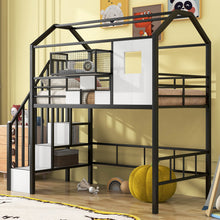 Load image into Gallery viewer, Metal Loft Bed With Roof Design And Storage Box With Guardrails And Integrated Ladder
