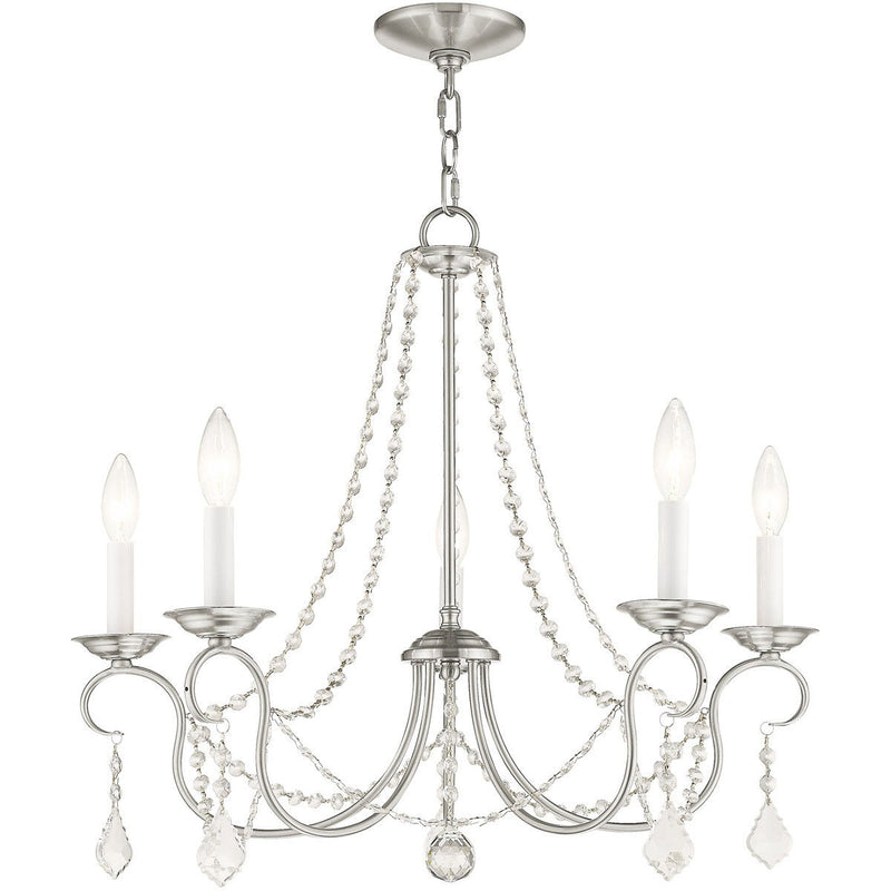23" Five Light Dimmable Chandelier With Shades - Pearl Silver / Nickel