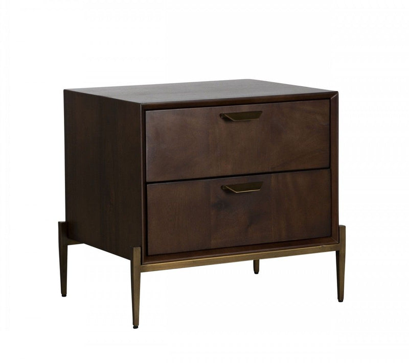 Two Drawers Solid Wood Nightstand - Brass