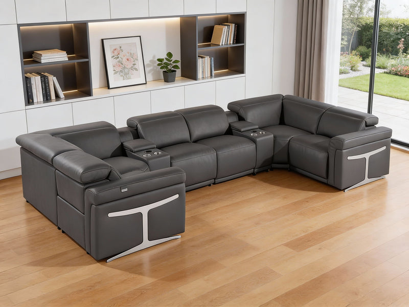 Leather Power Reclining U Shaped Eight Piece Corner Sectional With Console - Dark Gray
