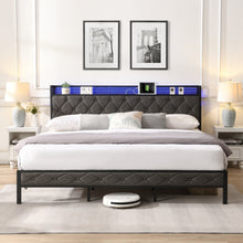 Load image into Gallery viewer, King Bed Frame with Storage Headboard, Charging Station and LED Lights, Upholstered Platform Bed with Heavy Metal Slats, No Box Spring Needed, Noise Free, Easy Assembly, Dark Gray
