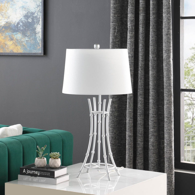 Bamboo Design Table Lamp With Off-White Drum Shade - Silver