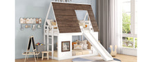 Load image into Gallery viewer, Wood Twin Size House Bunk Bed with Roof, Ladder and Slide, White+Brown
