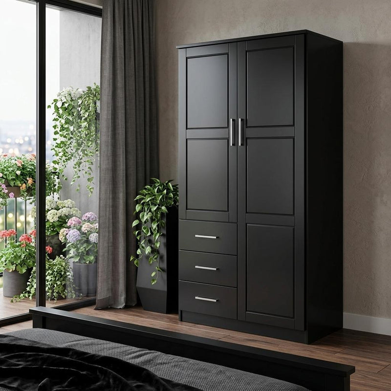 Solid Wood Two Door Three Drawer Combo Dresser - Black