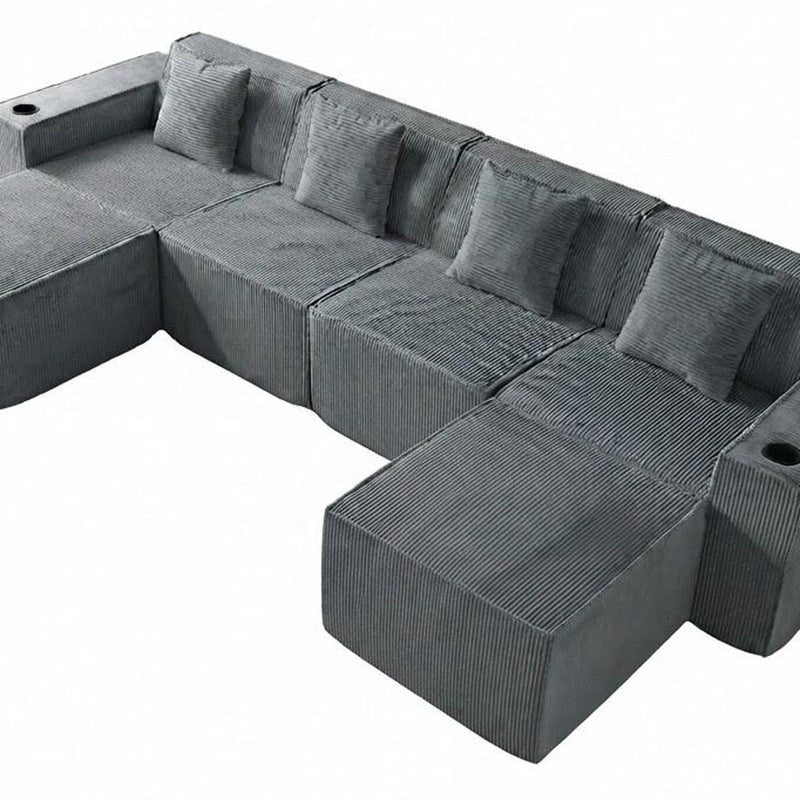 Corduroy Modular Sofa With Ottoman And Toss Pillows - Gray
