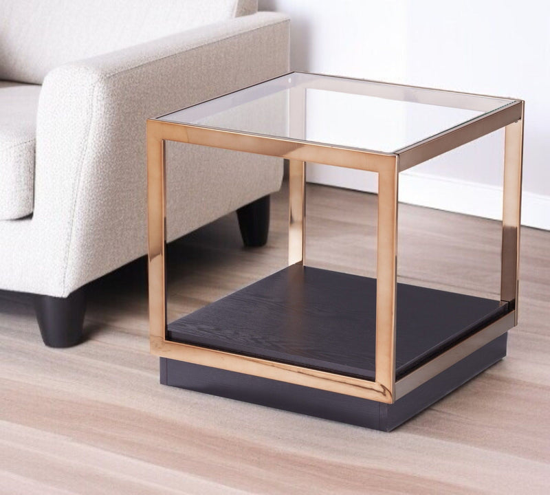 Glass Iron Square Block End Table With Shelf - Champagne