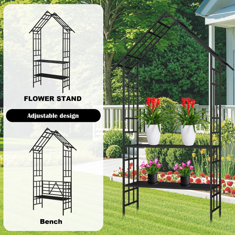Garden Arch With Bench Turned Into Flower Stand Climbing Plants Support Outdoor - Black