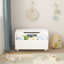 Load image into Gallery viewer, Toy Box With 4 Universal Wheels, Kids Playroom Storage Organizer With Front Bookshelf, Flip Top Lid, Safety Hinge - White
