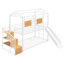 Load image into Gallery viewer, Twin Over Twin Metal Bunk Bed, Metal Housebed with Slide and Storage Stair, White with White Slide
