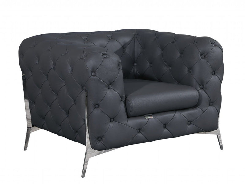 Glam Tufted Leather Armchair - Gray And Chrome